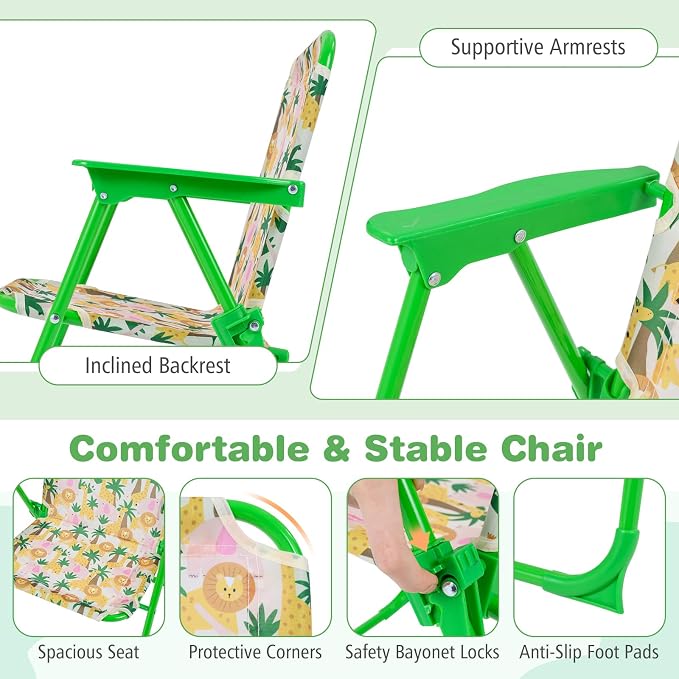 KOTEK Kids Picnic Table with Umbrella, Outdoor Table & 2 Folding Chairs, Cute Pattern Children’s Patio Furniture, Portable Kids Table and Chair Set for Backyard, Garden, Beach (Green Forest)