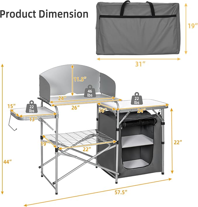 HAPPYGRILL Folding Grill Table Outdoor Camping Kitchen Table with Carry Bag Portable Aluminum Camp Cook Station for BBQ Picnic (Grey)