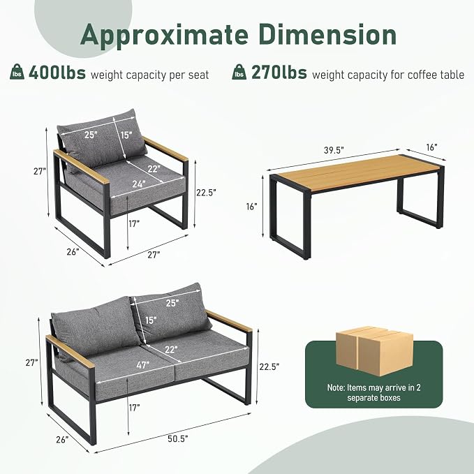 Furnimart 4-Piece Metal Patio Conversation Set, Deep Seating Outdoor Sofa with Coffee Table, Modern Small Space Furniture for Backyard, Deck, Poolside, Porch (Gray)