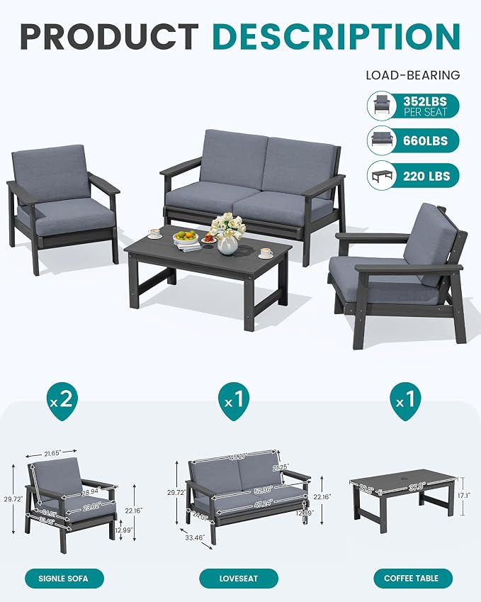 SERWALL HDPE Patio Furniture Set with 15FT Double Side Patio Umbrella, All Weather Wood-Like Outdoor Sofa Sectional Couch, Grey Patio Furniture with Grey Cushions