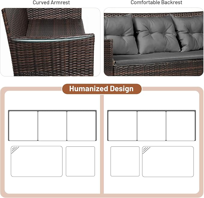 RELAX4LIFE 3 Pieces Patio Furniture Sectional Set, Rattan Wicker Conversation Set W/ 5 Cozy Seat & Back Cushions, Tempered Glass Coffee Table for Poolside, Balcony, Backyard Outdoor Furniture (Gray)