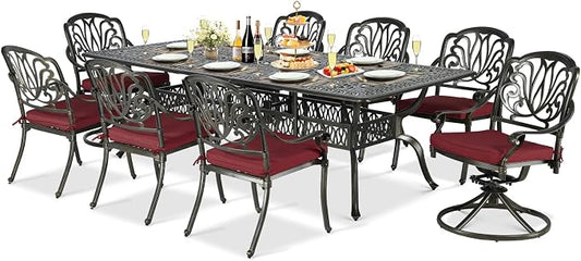 9-Piece Patio Cast Aluminum Dining Set, Outdoor Dining Furniture Set for 8 Person, Includes 94.5" Rectangular Dining Table, 6 Stationary, 2 Swivel Dining Chairs with Umbrella Hole, Red