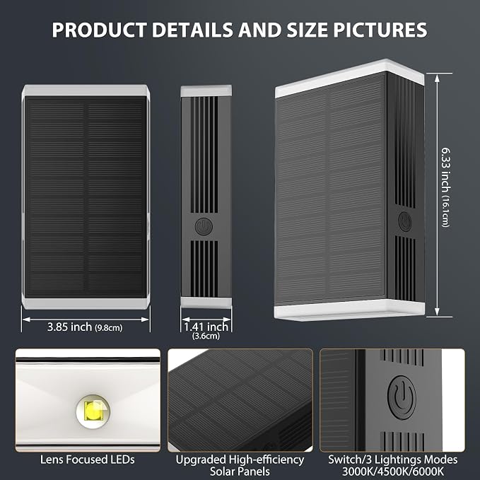 Solar Wall Light Outdoor,3000/4000/6000K 3 Modes Dusk to Dawn Lighting Wall Sconce IP67 Waterproof Up and Down Solar Lights Outdoor for House, Garage, Porch,Doorway (2 Pack)