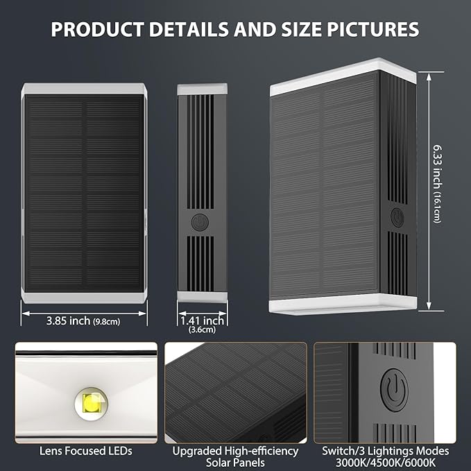 Solar Wall Light Outdoor , 3000/4000/6000K 3 Modes Dusk to Dawn Lighting Wall Sconce IP67 Waterproof Up and Down Solar Lights Outdoor Front Door Light for House, Garage, Porch, Doorway,Fence (6PACK)