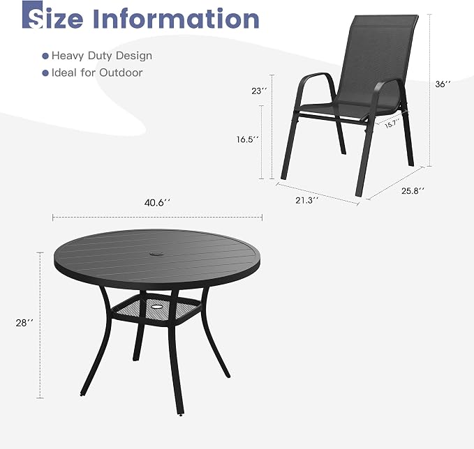 VICLLAX Round Patio Dining Set for 4, Metal Slatted Patio Table with Umbrella Hole and Stackable Patio Chairs for Deck Lawn Garden, Black Fabric and Black Tabletop