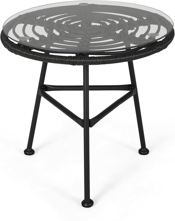 Rattan Outdoor Side Table with Tempered Glass Tabletop, Weather-Resistant Patio End Table, Stable Steel Frame for Balcony, Porch, Deck, Grey