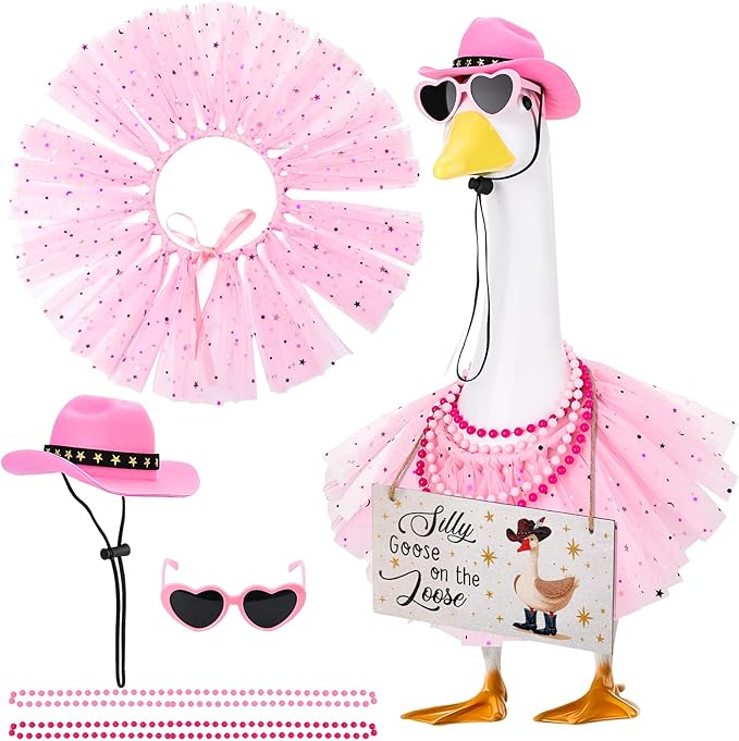 6pcs Pink Princess Porch Goose Outfits for 17-23 Inches Lawn Goose | Tutu Skirt Cowboy Hat Glasses Necklaces Wooden Sign for Outdoor Garden Lawn Art Decor