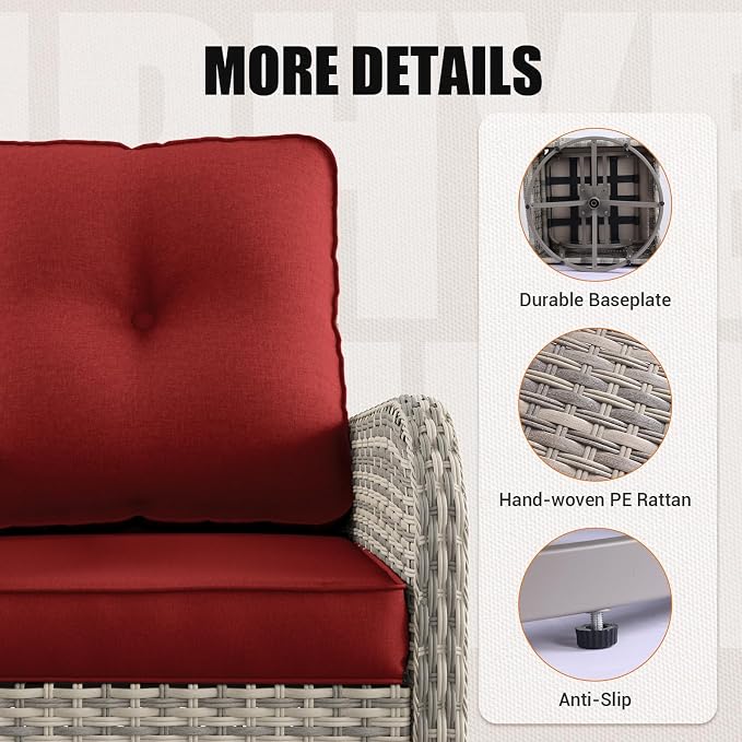 13Pcs Patio Rocking Swivel Chair with 55,000 BTU Fire Pit Table Outdoor Wicker Rattan Bistro Set with Tempered Glass Side Table, Patio Furniture Set for Garden and Balcony, Red