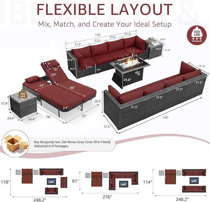 NICESOUL 13 Piece Large Outdoor Sectional with Fire Pit Table, 29.3'' High Back Patio Furniture with Fire Pit Table & Chaise Lounge, Big Deep 10-Seater for Garden, Grey Wicker & Burgundy Cushion