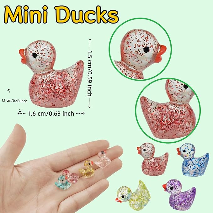 120PCS Mini Glitter Resin Ducks 12 Colors | Tiny Colorful Resin Ducks, Miniature Little Plastic Animal Figures for Micro Landscape Fish Tank Garden Dollhouse DIY Decor