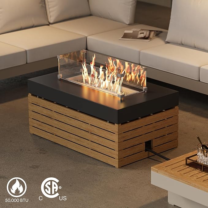 homary Patio Conversation Sets with Fire Pit-Modular Outdoor Sofa Aluminum & Teak Sofa Set with Glass Wind Guard Ideal for Patios & Balconies, Light Gray