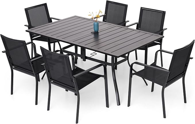 Anmutig Patio Dining Set for 6, 7-Piece Outdoor Furniture Rectangular Table and 6 Metal Textilene Stackable Chairs Set for Lawn Backyard and Deck Black
