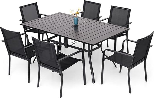 Anmutig Patio Dining Set for 6, 7-Piece Outdoor Furniture Rectangular Table and 6 Metal Textilene Stackable Chairs Set for Lawn Backyard and Deck Black