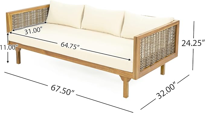 Christopher Knight Home Charm Patio Conversation Set, 3 Seater Acacia Wood Sofa, Spacious Seating Wicker Armrest Chair, Wood Coffee Table, Round Side Table, Outdoor Furniture for Backyard, Beige