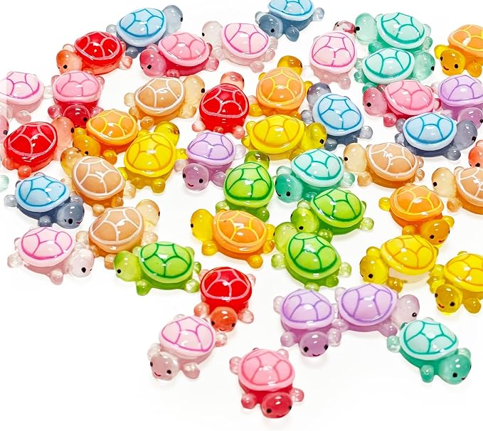 50PCS Mini Resin Turtles, Small Colorful Turtle Figurines Bulk Set | Tiny Resin Animals for Ocean Theme Party Decor, DIY Crafts, Cake Toppers (10 Vibrant Colors)