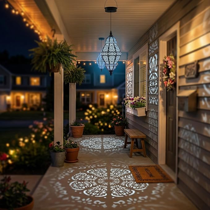 Twinkya 2 Pack Hanging Solar Lights Outdoor Garden Decor, Waterproof Plastic Moroccan Solar Powered Lantern Lamp, Outside Decorations for Patio Yard Porch Backyard Decor, Gardening Gifts for Women Mom