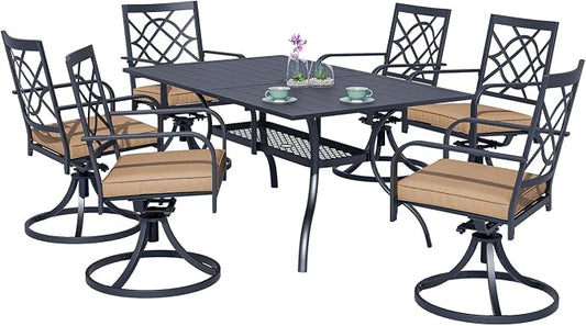 Crownland 7 PCS Furniture Patio Dining Set, 6 Swivel Metal Chairs and Rectangular Outdoor Dining Table with 1.57" Umbrella Hole, Suitable for Backyard, Lawn, Garden (Metal Tabletop)