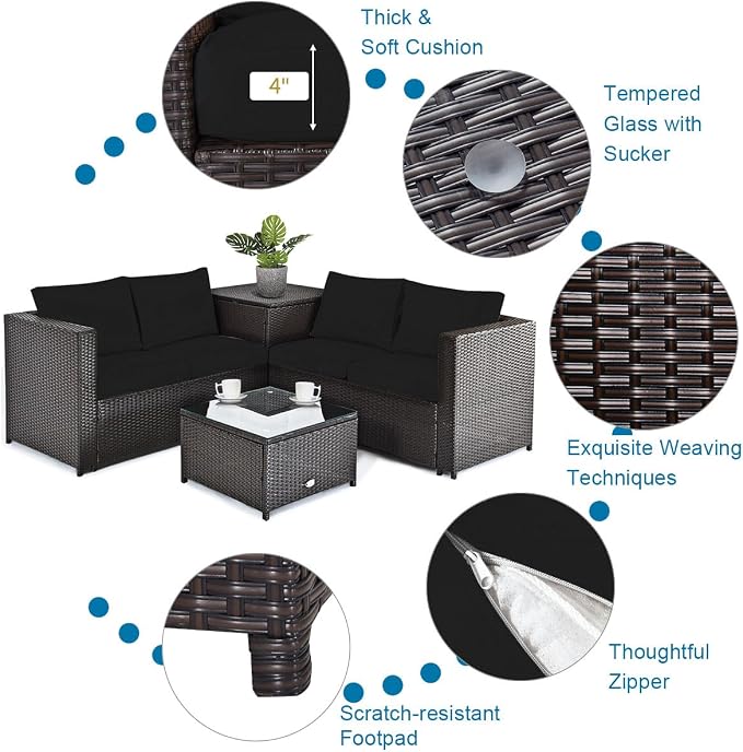 Tangkula 5-Piece Patio Furniture Set with 30 Inches Gas Fire Pit Table, Outdoor Wicker Conversation Sectional Sofa Set with Storage Box and Coffee Table, 50,000 BTU Propane Fire Pit Table (Black)