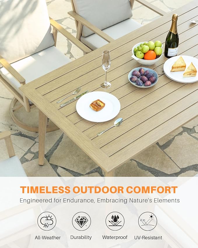Never-Rust Outdoor Patio Dining Table for 6, Aluminum Outdoor Dining Table with Umbrella Hole, 6 Person Patio Dining Table Furniture for Decks, Garden, Porch, Lawn, Maple Wood