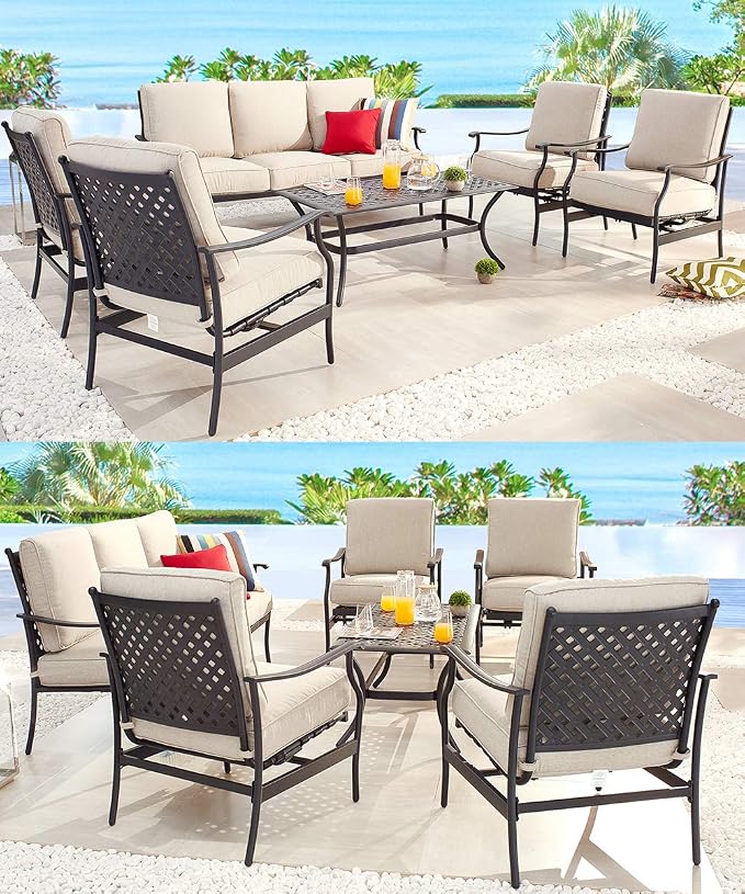 Patio Conversation Set Cushioned Outdoor Furniture Sets with All Weather Galvanized Steel Frame (6 Pcs, Beige)