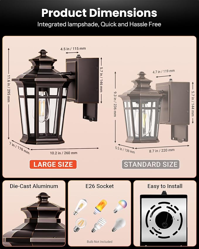 Gleamz Large Exterior Lighting Fixtures with GFCI Outlet, Oil Rubbed Bronze Dusk to Dawn Outdoor Lighting, Outdoor Porch Light for House, Garden, Doorway, Garage, Waterproof, Anti-Rust