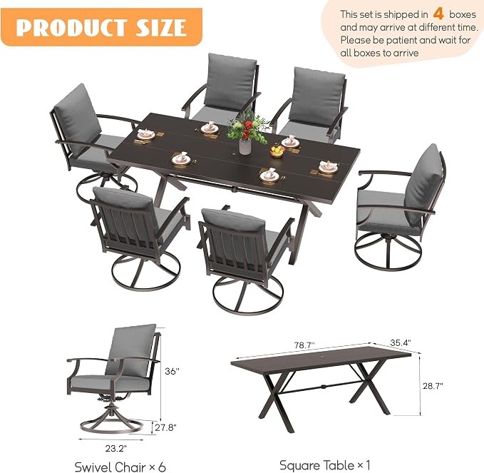 7-Piece Patio Dining Set Outdoor Conversation Set,Metal Outdoor Furniture Set with Umbrella Hole Cut-Out 78.7" x 35.4" Table and 6 Metal Backrest Swivel Chairs for Backyard,Garden,Grey