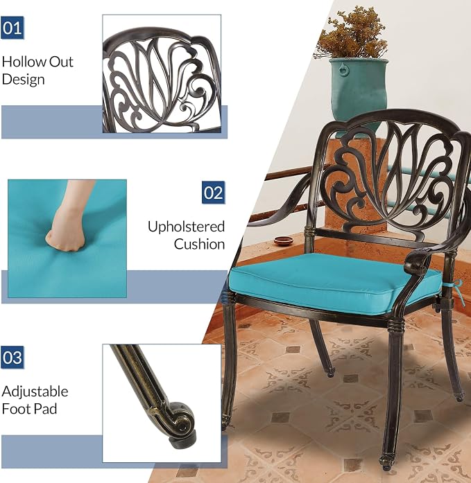 9-Piece Patio Cast Aluminum Dining Set, Outdoor Dining Furniture Set for 8 Person, Includes 94.5" Rectangular Dining Table and 8 Cushioned Chairs with Umbrella Hole, Ocean Blue