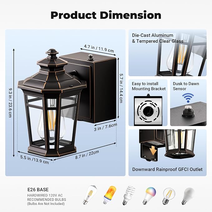Gleamz 2-Pack ORB Dusk to Dawn Outdoor Lighting with GFCI Outlet, Outside Wall Lights with Gold Trim, Aluminum Exterior Lighting Fixtures Wall Mount, Waterproof Modern Exterior Coach Light Fixtures