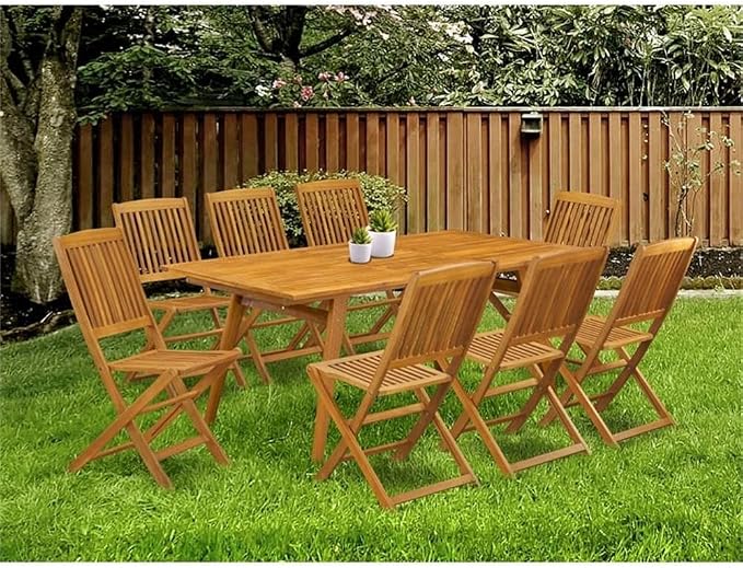 Pemberly Row Traditional 9-Piece Wood Outdoor Patio Dining Set, Natural Oil Finish, Rubber Wood, Includes Rectangular Table & 8 Chairs, Slatted Back Design, Durable for Backyard or Grass Areas