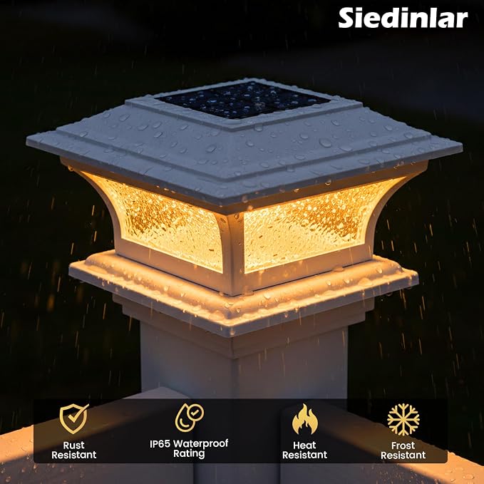 SIEDiNLAR Solar Post Lights Outdoor Glass LED Fence Cap Light 2 Modes for 4x4 5x5 6x6 Posts Deck Patio Garden Decoration Warm White/Cool White Lighting White (4 Pack)