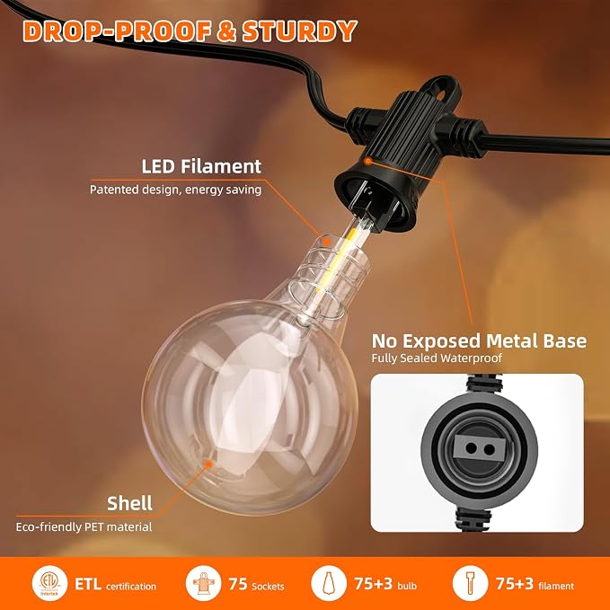 Kawaya String Lights for Outside,150FT LED Outdoor String Lights Waterproof Patio Lights with 72+3 Shatterproof Edison Globe Bulbs, Connectable Hanging Lights for Balcony Bistro Backyard Porch | IP65 72+3 Shatterproof Edison Globe Blubs, 2700K Warm Whi...