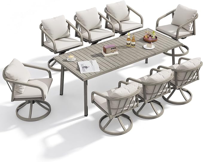 9-Piece Patio Dining Set with 8 Swivel Chairs, Never-Rust Aluminum Outdoor Dining Set, Patio Swivel Dining Set with Wraparound Seating, Outdoor Dining Table Set for Porch, Lawn, Deck, Gray Oak