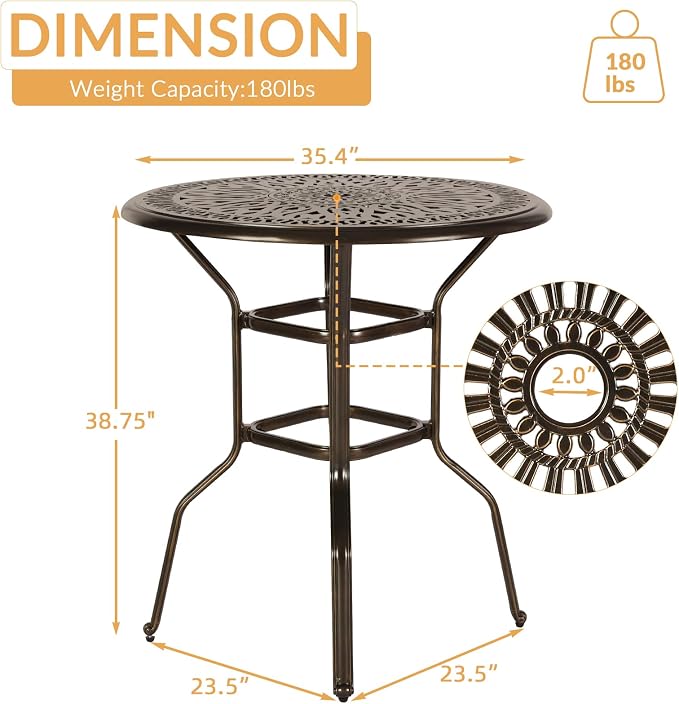 Cast Aluminum Patio Bar Table, 35.4" Outdoor Bar Height Bistro Table with 2" Umbrella Hole, Patio Bistro Round High Top Dining Table Pub Table for Porch Balcony Backyard, Dark Bronze