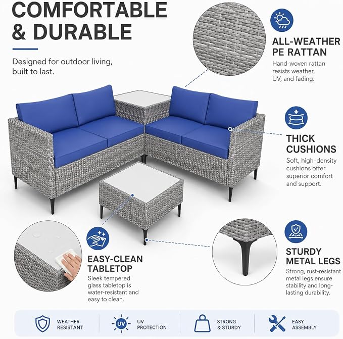 Garvee All-Weather PE Rattan Patio Furniture Set, 4 Piece Outdoor Sectional Sofa Couch with Storage Coffee Table, l-Shaped Conversation Set for Garden, Backyard, Poolside, Porch, Gray Blue