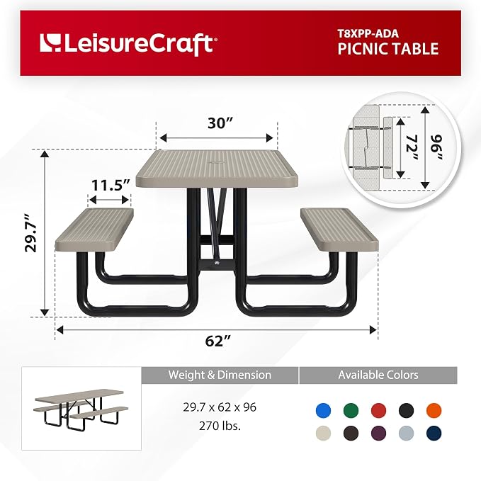Leisure Craft Metal Picnic Table with Bench - 8 ft Rectangle Outdoor Dining Table with Umbrella Hole, Heavy Duty Thermoplastic Coating, ADA Compliant, Commercial Grade Furniture Made in USA - Beige