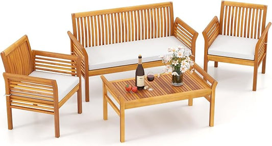 HAPPYGRILL 4 Pieces Acacia Wood Patio Conversation Set, Outdoor Wood Furniture Set with Seat Cushions, Wicker Sofa Chairs & Coffee Table for Garden Poolside Deck (1)