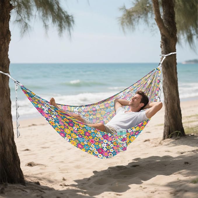 Camping Hammock Outdoor Hammocks for Outside Bright Retro Groovy Floral Beach Trees Portable Lightweight with Pockets Tree Straps Indoor