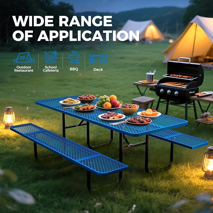 72" Coated Round Metal Picnic Table for 4-6 Person, Durable Heavy Duty Commercial Picnic Table with Umbrella Hole for Outdoor Coffee Shop, School, Easy to Install, Blue