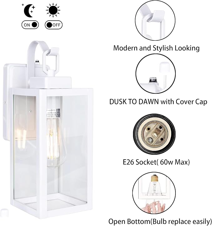YN-WL009 Outdoor Wall Sconce with Dusk to Dawn Photocell Sensor, Traditional One Light Porch Light, Weather Resistant, Stainless Metal Housing, Clear Glass, White, 2-Pack