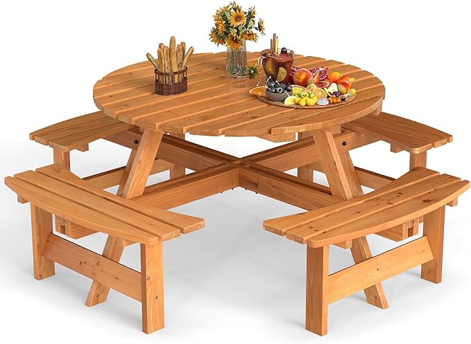 HAPPYGRILL 8-Person Wood Picnic Table Bench Set, Round Camping Table w/Umbrella Hole, Circular Outdoor Table w/4 Built-in Curved Benches, for Patio, Garden, Backyard, Porch (Yellow)
