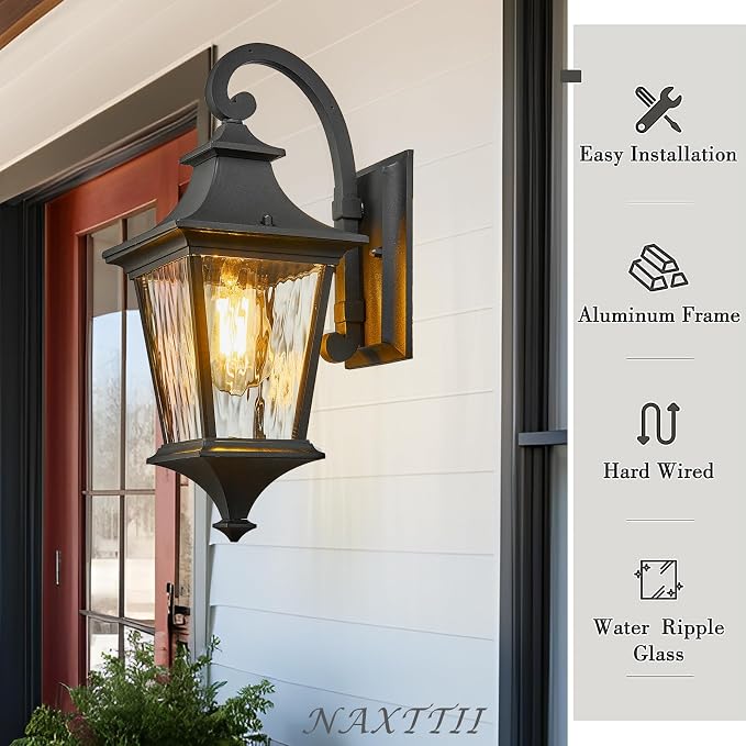Outdoor Wall Lights 21 Inch Large Size Exterior Porch Lights Wall Mount with Water Ripple Glass Black Outdoor Porch Light for Houses E26 Socket Downward Installation