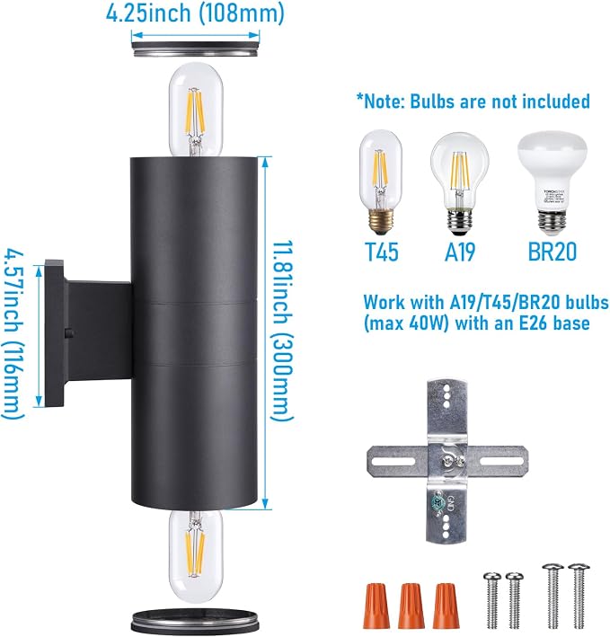 LEONLITE 2-Pack 12" Outdoor Cylinder Wall Light, Up and Down, E26 Base | Modern Porch Patio Lights, Waterproof Wall Sconce, Exterior Light Fixture Wall Mount, Aluminum, Matte Black, ETL Listed