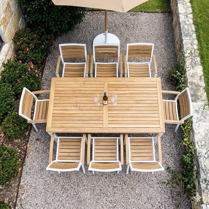 Hives & Honey Catalina Rectangular Outdoor Dining Table, Grade-A Teak Wood Patio Table with Aluminum Legs & Umbrella Hole, Seats 4–6, White