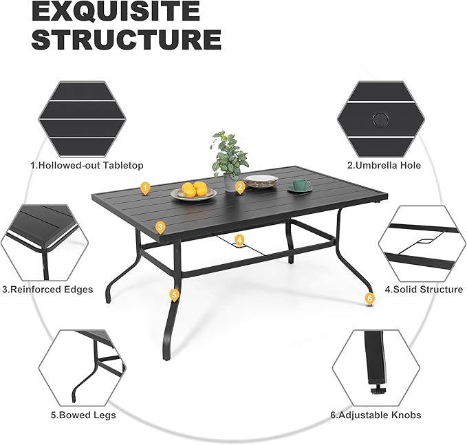 NUU GARDEN 7 Piece Outdoor Dining Set, 61” Rectangular Metal Dining Table with Umbrella Hole, Stackable Dining Chairs for Backyard, Deck, Yard, Garden, Black