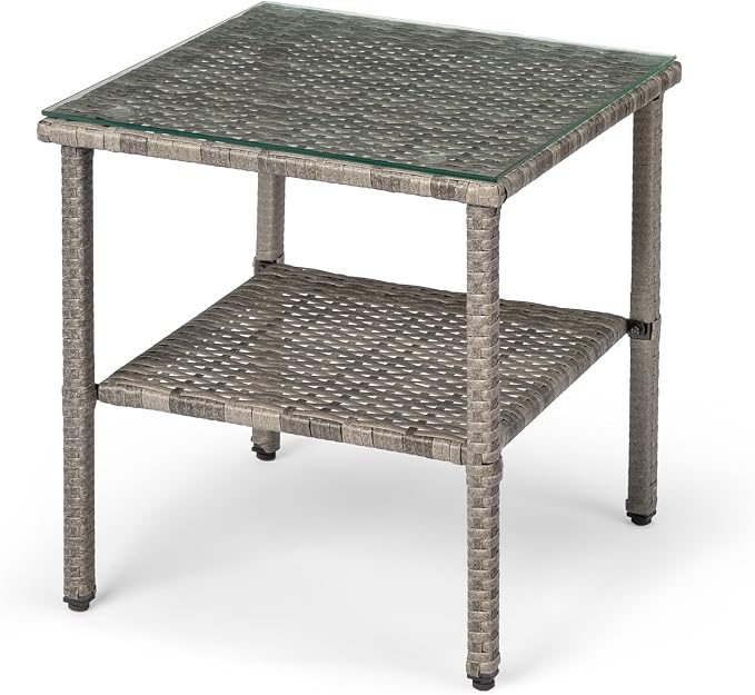 Outdoor Wicker Side Table,2-Layer Patio Rattan Garden Coffee End Square Table with Glass Top (Grey)