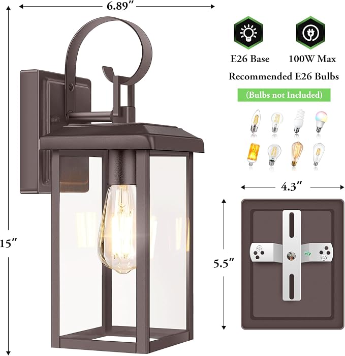 BesLowe 2-Pack 15" Outdoor Wall Light Fixtures, Brown Modern Porch Sconces