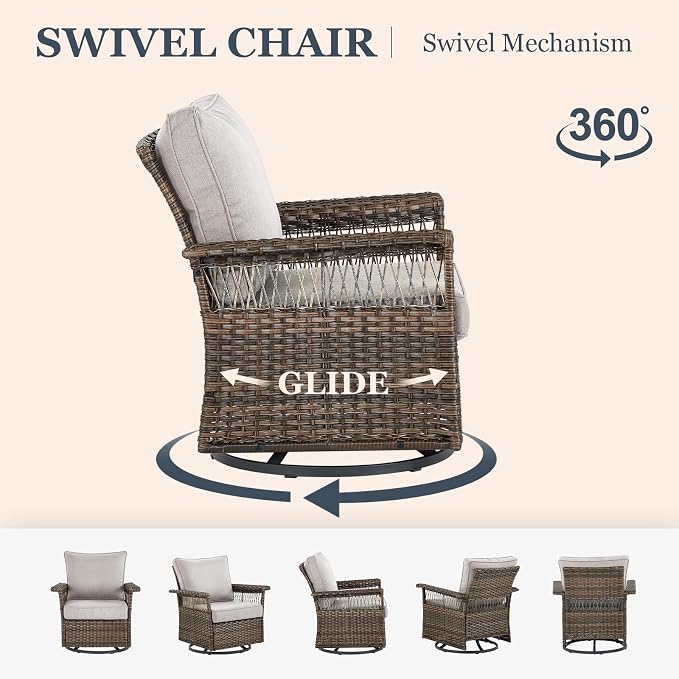 Patio Furniture Set 2 Wicker Swivel Glider Chairs with 2 PE Rattan Ottomans Brown Wicker Beige Cushions Patio Conversation Set 4pcs for Garden Balcony Sunroom Backyard