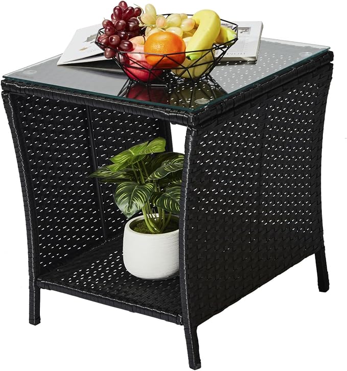 Wicker Rattan Side Table,Outdoor Patio Wicker Side Table, Square End Table Bistro Coffee Table with Glass Top Storage Shelf for Porch Garden Backyard Black