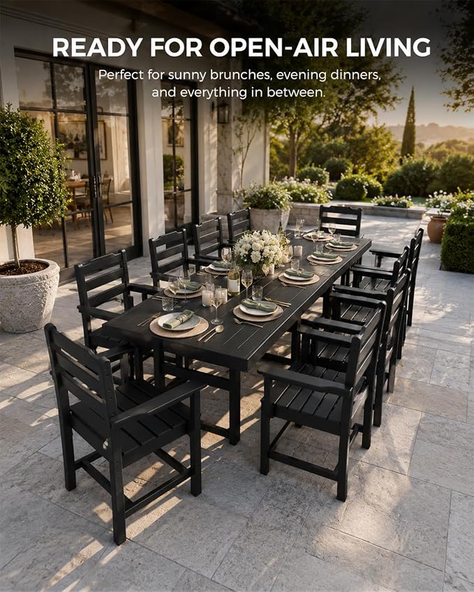 WACASA 12-Piece HDPE Outdoor Dining Set for 10, All-Weather Poly Lumber Patio Table and Chairs with Umbrella Hole, Steel-Reinforced Heavy-Duty Furniture, Black
