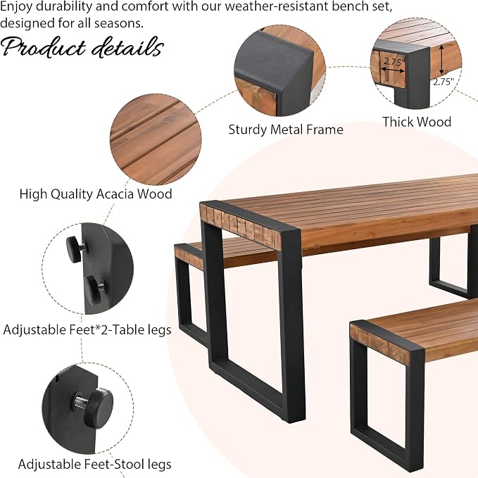 3 piece Outdoor Dining Table with 2 Benches, Space Saving Dining Room Table with Unique Top Texture, Acacia Wood Top & Steel Frame, All Weather Use for Outdoor & Indoor, Acacia Wood Color